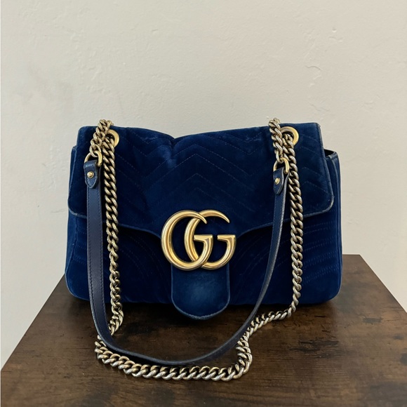 Gucci Handbags - Gucci Velvet Matelasse Medium GG Marmont Shoulder Bag Colbalt Blue